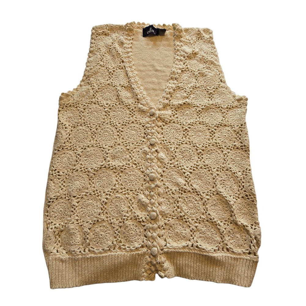 Vintage 90s Y2K OBR Crochet Vest Womens M Cream Button Front Boho Coquette Girly
